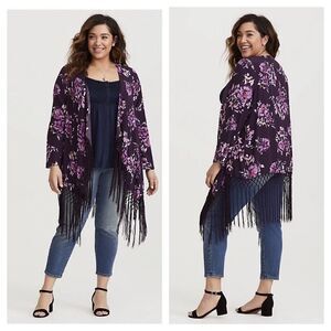 Torrid Floral Print Drape Front Fringe Kimono